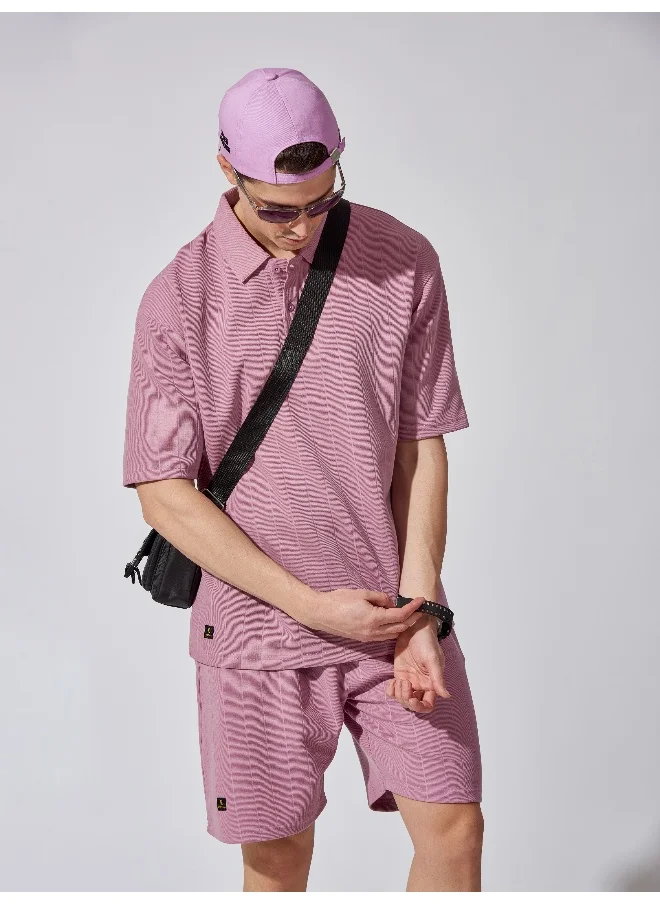 مانياك Mens Solid Polo Neck 3/4th Sleeve Brooklyn Lavender Color Tshirt and Lavender Short Cotton Oversized Fit Tracksuit