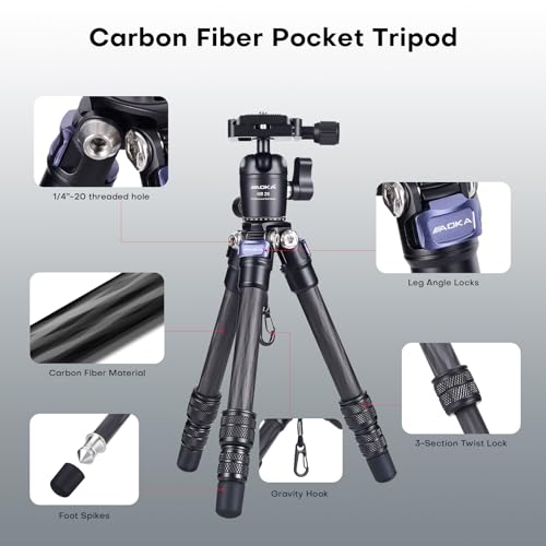 AOKA 15.75"/0.99 lbs Mini Carbon Fiber Tripod, Compact Pocket Travel Tabletop Tripod for Mobile Phones, Mirrorless Cameras, Digital Cameras, Projectors, Webcams - Image 3