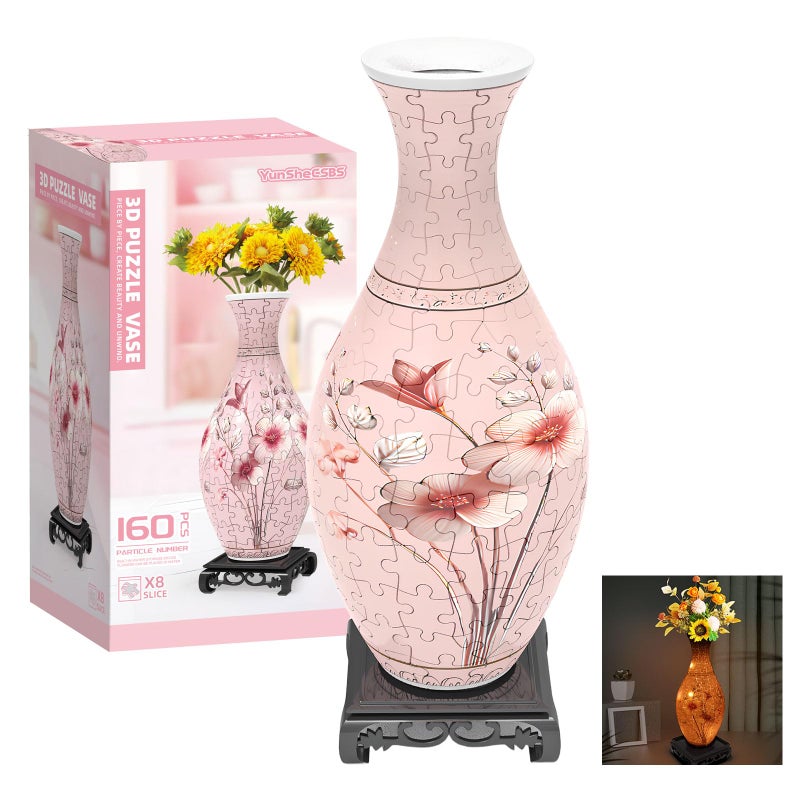 YunSheCSBS 3D Puzzles Vase for Adults, Birthday Gifts for Women, 160 Pieces Plastic DIY Unique Flower Vase with LED Light, Crafts for Adults House Warming Gift for Flower Arrangements and Home Decor (Pink) - Image 1