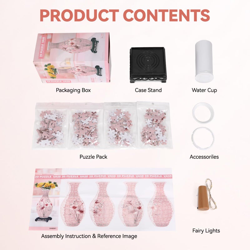 YunSheCSBS 3D Puzzles Vase for Adults, Birthday Gifts for Women, 160 Pieces Plastic DIY Unique Flower Vase with LED Light, Crafts for Adults House Warming Gift for Flower Arrangements and Home Decor (Pink) - Image 5