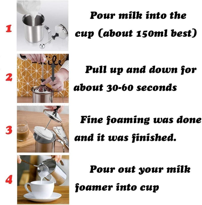 PARSPAR Coffee Maker 400ml 304 Stainless Steel Milk Coffee Frother Blender Portable Cappuccino Coffee Frother Double Froth Pump Office Home Travel 1Pcs Silver - Image 4