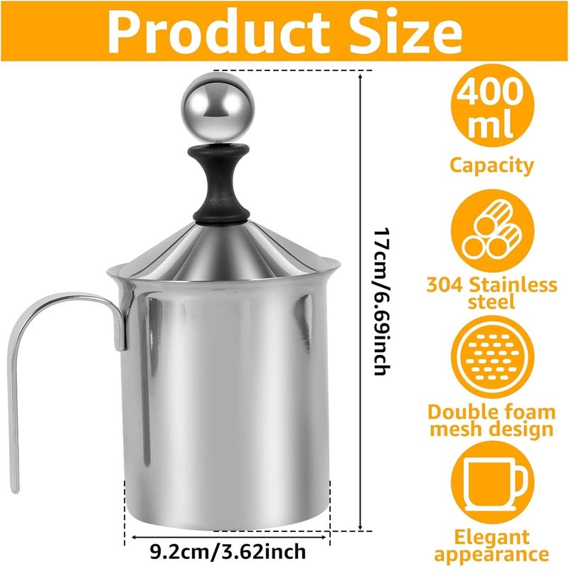 PARSPAR Coffee Maker 400ml 304 Stainless Steel Milk Coffee Frother Blender Portable Cappuccino Coffee Frother Double Froth Pump Office Home Travel 1Pcs Silver - Image 5