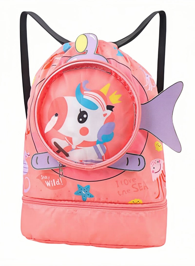 نوفولان حقائب سباحة منفصلة جافة ورطبة للأطفال، حقيبة تخزين مقاومة للماء مع حجرة أحذية مستقلة للأولاد والبنات، حقيبة ظهر محمولة برباط بتصميم كرتوني للسباحة 42 × 28 × 10 سم (يونيكورن) - Image 1
