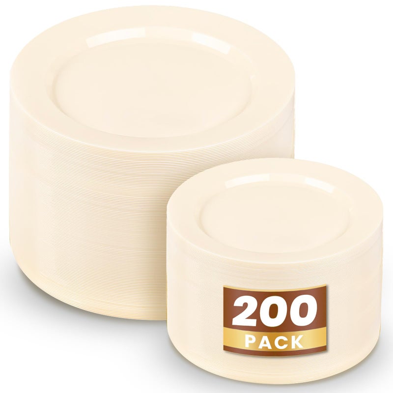 WDF 200PCS Ivory Plastic Plates - Elegant Ivory Disposable Plates for Party- Include 100 Dinner Plate 10inch and 100 Plastic Dessert Plate 7inch Perfect for Party Baby Shower Wedding Spring - Image 1