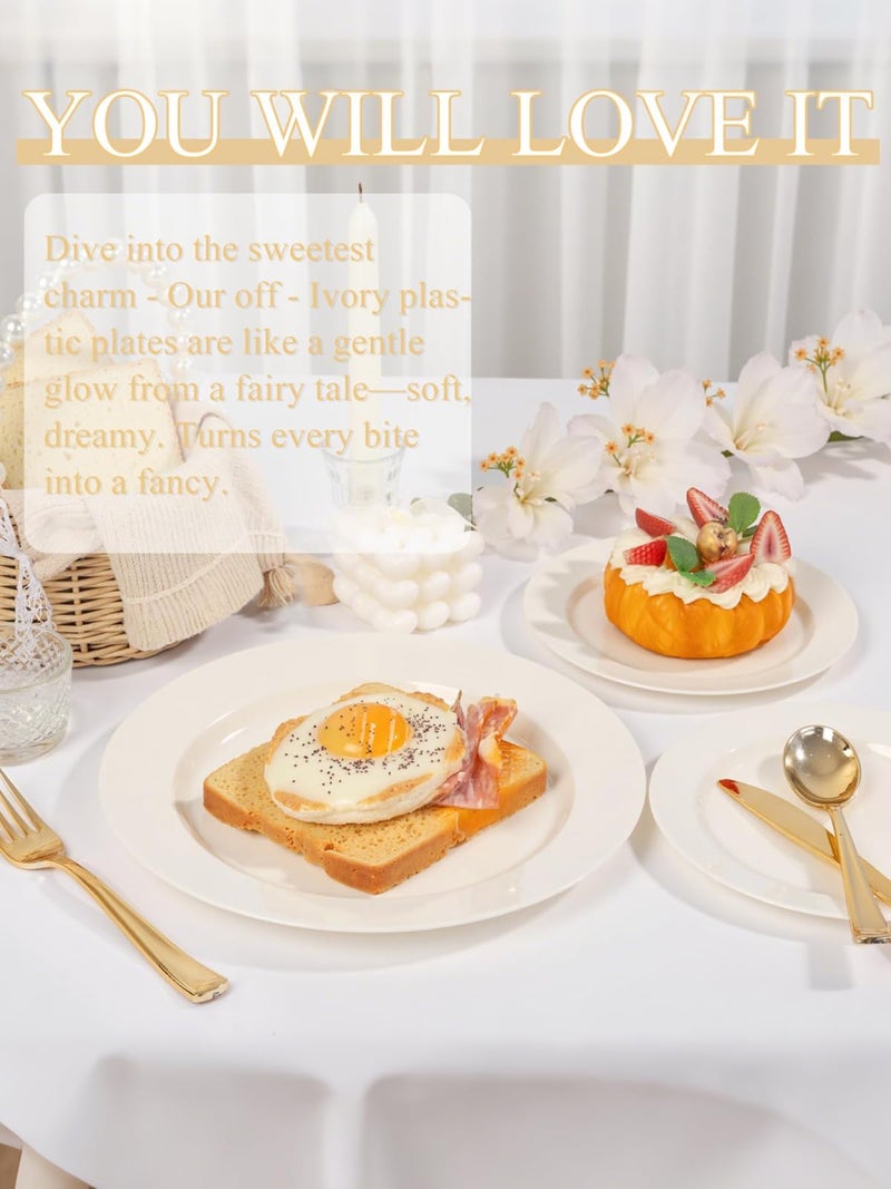WDF 200PCS Ivory Plastic Plates - Elegant Ivory Disposable Plates for Party- Include 100 Dinner Plate 10inch and 100 Plastic Dessert Plate 7inch Perfect for Party Baby Shower Wedding Spring - Image 5