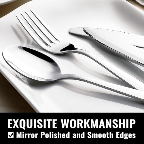 HIWARE 48-Piece Silverware Set with Steak Knives for 8, 18/8 Stainless Steel Flatware Cutlery Set For Home Kitchen Restaurant Hotel, Kitchen Utensils Set, Mirror Polished, Dishwasher Safe - Image 3