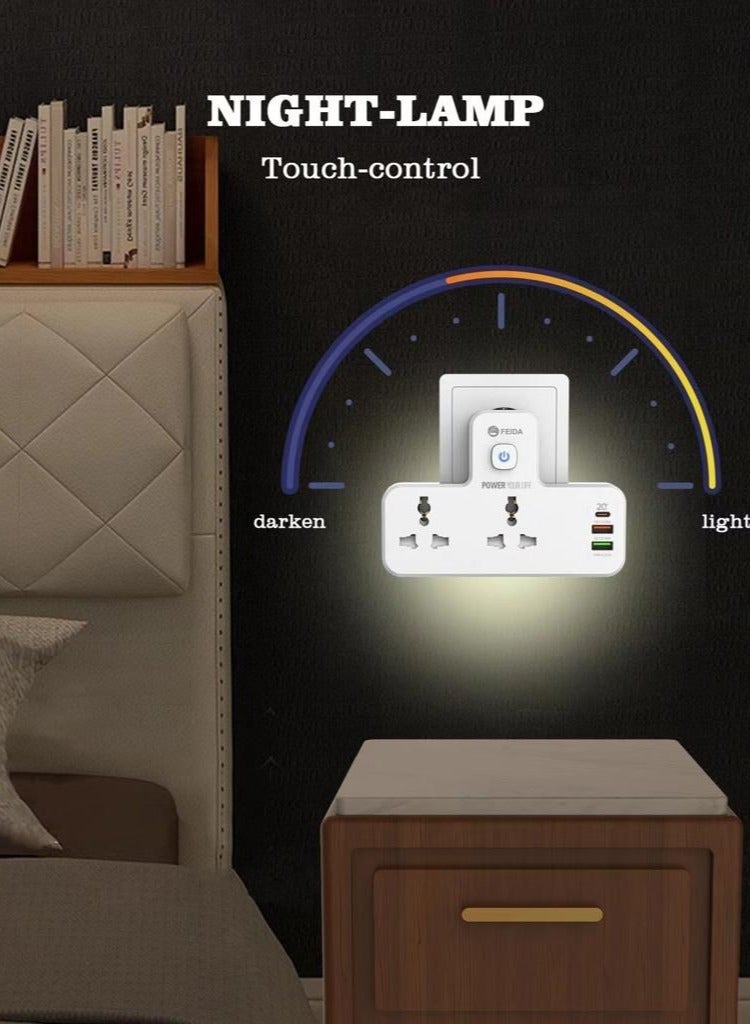 فيدا محول تمديد طاقة 3 في 1 من فيدا، منفذ شحن سريع USB-C PD بقوة 20 وات، منفذان USB-A QC3.0، منفذان عالميان، قابس ثلاثي مع إضاءة سفليه - Image 1