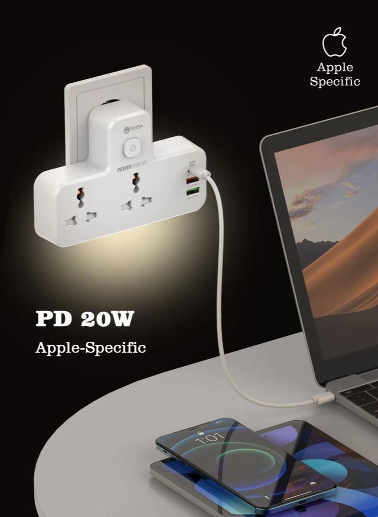 فيدا محول تمديد طاقة 3 في 1 من فيدا، منفذ شحن سريع USB-C PD بقوة 20 وات، منفذان USB-A QC3.0، منفذان عالميان، قابس ثلاثي مع إضاءة سفليه - Image 3