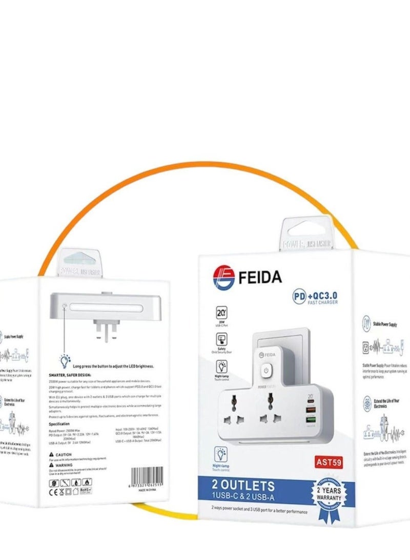 فيدا محول تمديد طاقة 3 في 1 من فيدا، منفذ شحن سريع USB-C PD بقوة 20 وات، منفذان USB-A QC3.0، منفذان عالميان، قابس ثلاثي مع إضاءة سفليه - Image 4