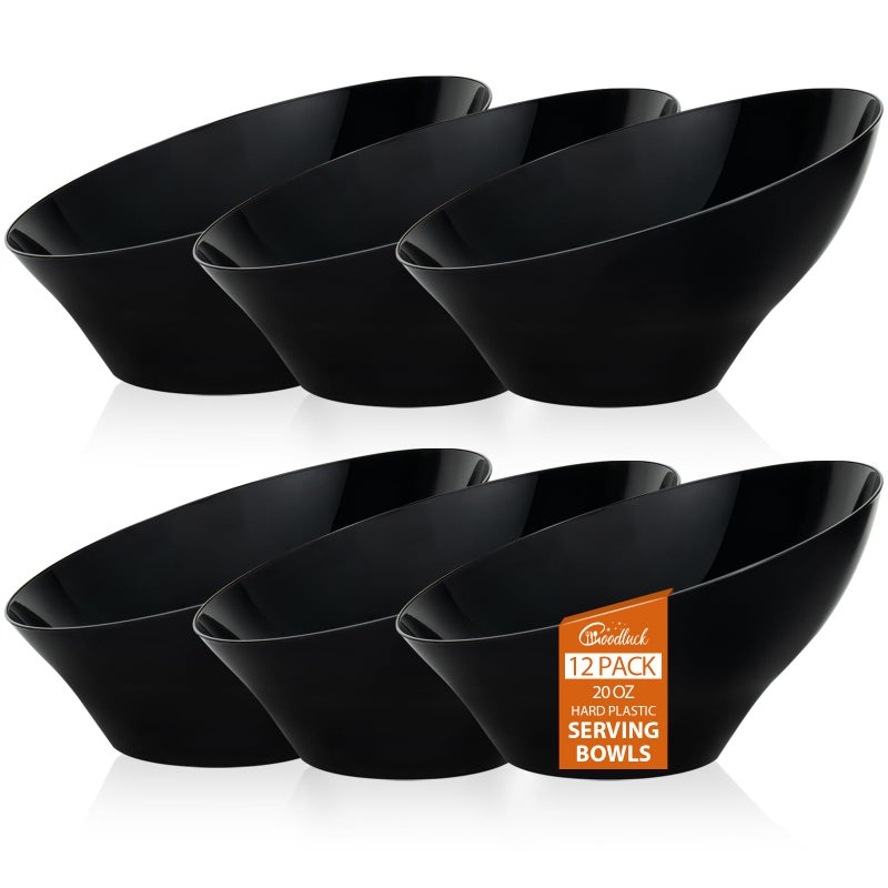 Goodluck 12 Pack Black Plastic Serving Bowls for Party - 20 OZ Angled Disposable Serving Bowls for Wedding Party Chip, Candy, Salad & Fruit - Image 1