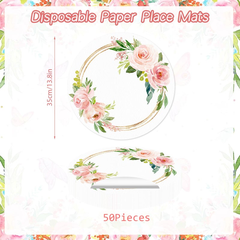 Tarklanda 50 Pack Paper Placemats Disposable Pink Floral Wedding Disposable Placemats 13.7 Inch Rose Floral Round Place Mats Spring Summer Table Mats for Birthday Wedding Anniversary Bride Party Supplies - Image 2