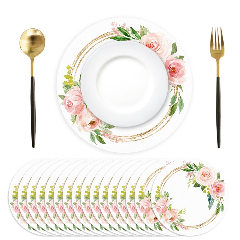 Tarklanda 50 Pack Paper Placemats Disposable Pink Floral Wedding Disposable Placemats 13.7 Inch Rose Floral Round Place Mats Spring Summer Table Mats for Birthday Wedding Anniversary Bride Party Supplies - Image 1
