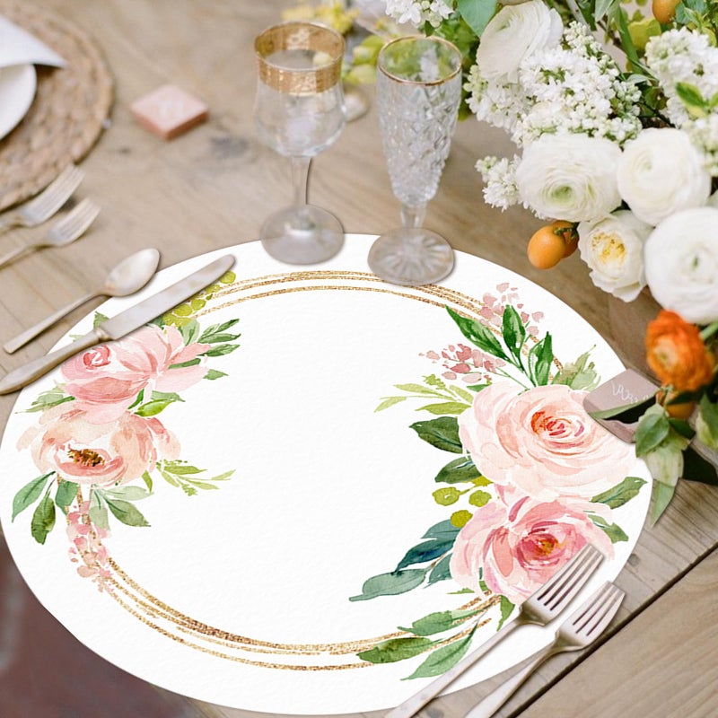 Tarklanda 50 Pack Paper Placemats Disposable Pink Floral Wedding Disposable Placemats 13.7 Inch Rose Floral Round Place Mats Spring Summer Table Mats for Birthday Wedding Anniversary Bride Party Supplies - Image 4