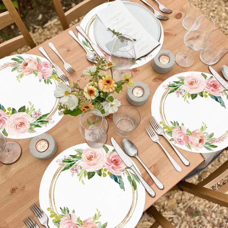 Tarklanda 50 Pack Paper Placemats Disposable Pink Floral Wedding Disposable Placemats 13.7 Inch Rose Floral Round Place Mats Spring Summer Table Mats for Birthday Wedding Anniversary Bride Party Supplies - Image 5