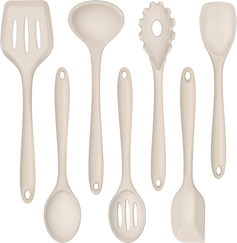 TeamFar Silicone Cooking Utensils, 7 PCS Heat Proof Kitchen Utensils Set, Kitchen Tools Spatula Turner Ladle Spoon Pasta Fork for Nonstick Cookware, Non-Toxic & Dishwasher Safe, Khaki - Image 1