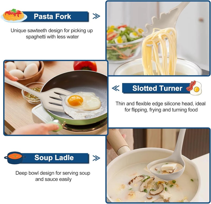TeamFar Silicone Cooking Utensils, 7 PCS Heat Proof Kitchen Utensils Set, Kitchen Tools Spatula Turner Ladle Spoon Pasta Fork for Nonstick Cookware, Non-Toxic & Dishwasher Safe, Khaki - Image 5