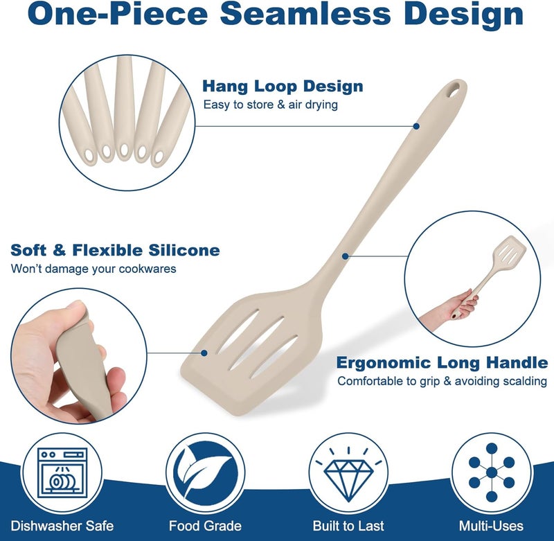 TeamFar Silicone Cooking Utensils, 7 PCS Heat Proof Kitchen Utensils Set, Kitchen Tools Spatula Turner Ladle Spoon Pasta Fork for Nonstick Cookware, Non-Toxic & Dishwasher Safe, Khaki - Image 3