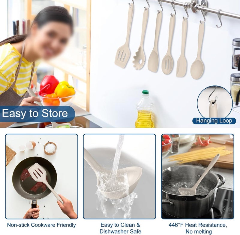 TeamFar Silicone Cooking Utensils, 7 PCS Heat Proof Kitchen Utensils Set, Kitchen Tools Spatula Turner Ladle Spoon Pasta Fork for Nonstick Cookware, Non-Toxic & Dishwasher Safe, Khaki - Image 4