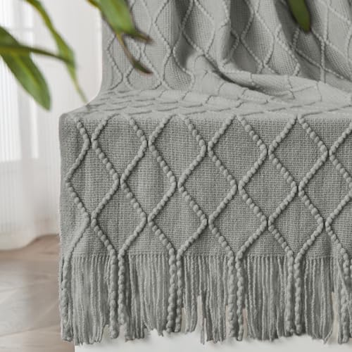inhand Knitted Throw Blankets for Couch and Bed, Soft Cozy Knit Blanket with Tassel, Light Grey Lightweight Decorative Blankets and Throws, Farmhouse Warm Woven Blanket for Men and Women, 60"x80" - Image 1