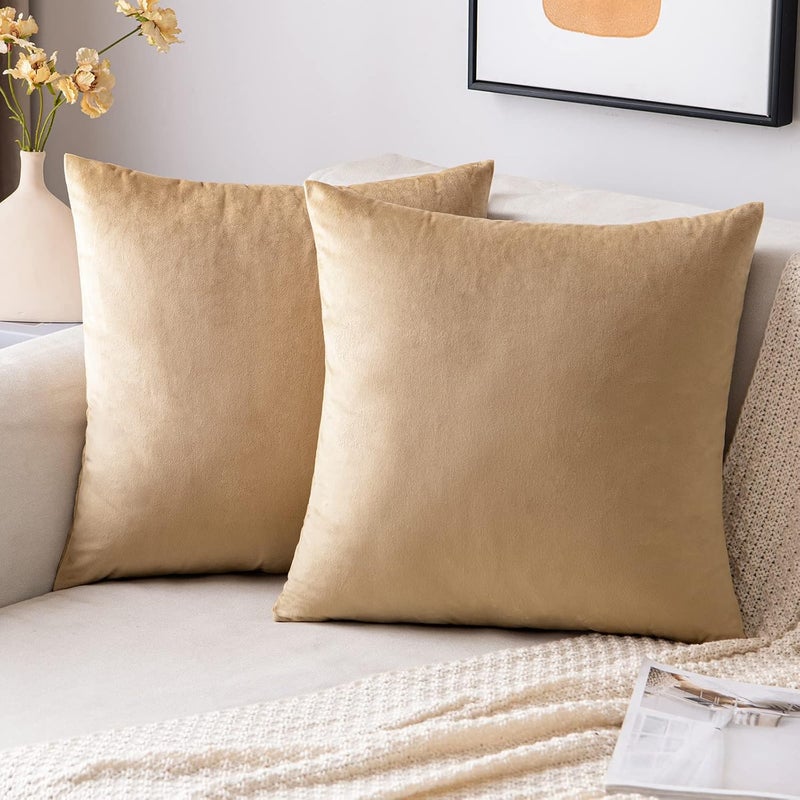EMEMA Pack of 2 Velvet Pillow Covers Decorative Square Pillowcase Soft Solid Cushion Case for Sofa Bedroom Car 16x16 Inch Khaki - Image 1