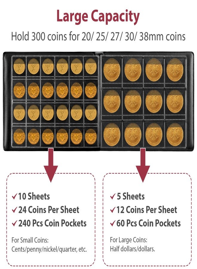 Aptbyte Coin Collection Supplies Holder Book for Collectors, 300 Pockets Coin Collection Organizer Storage Box Case Album for 20/25/ 27/30/ 38mm Coins (Vintage pattern burgundy) - Image 2