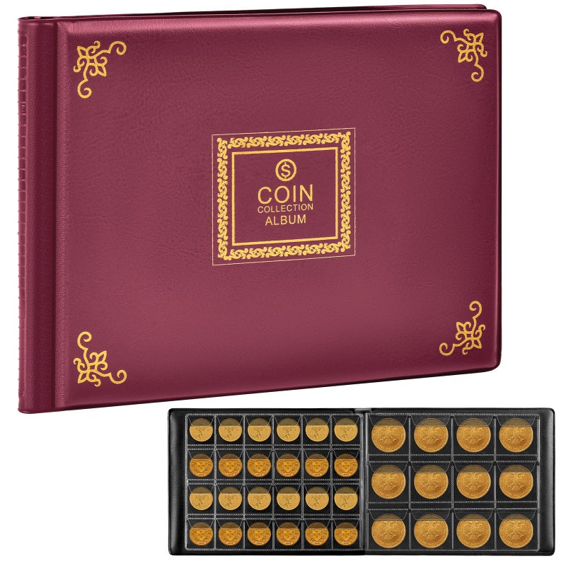 Aptbyte Coin Collection Supplies Holder Book for Collectors, 300 Pockets Coin Collection Organizer Storage Box Case Album for 20/25/ 27/30/ 38mm Coins (Vintage pattern burgundy) - Image 1