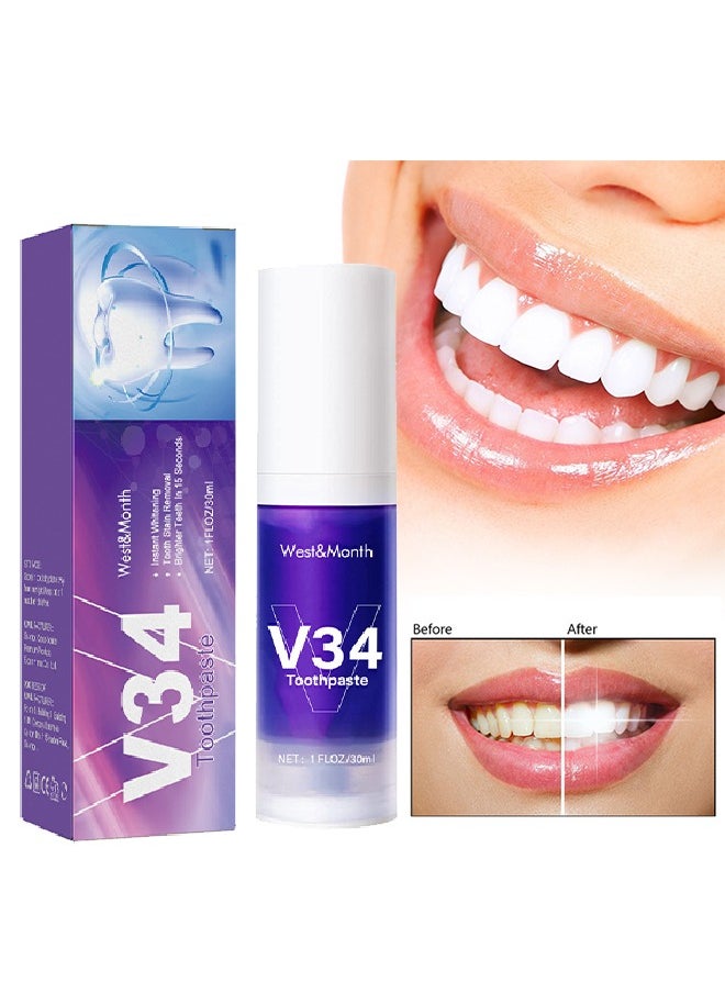 West&Month V34 Toothpaste -Teeth Whitening Mousse， Color Correcting Purple Toothpaste Mousse，Whitening Foam Toothpaste for Stain Removal，Teeth Cleaning and Care  - Image 1