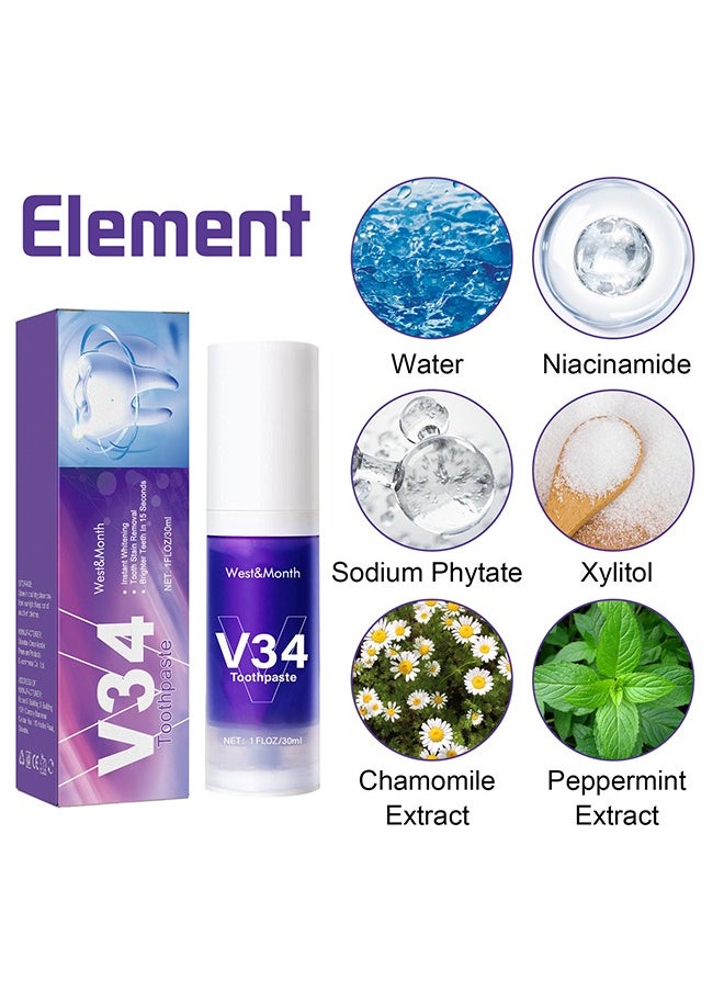 West&Month V34 Toothpaste -Teeth Whitening Mousse， Color Correcting Purple Toothpaste Mousse，Whitening Foam Toothpaste for Stain Removal，Teeth Cleaning and Care  - Image 2