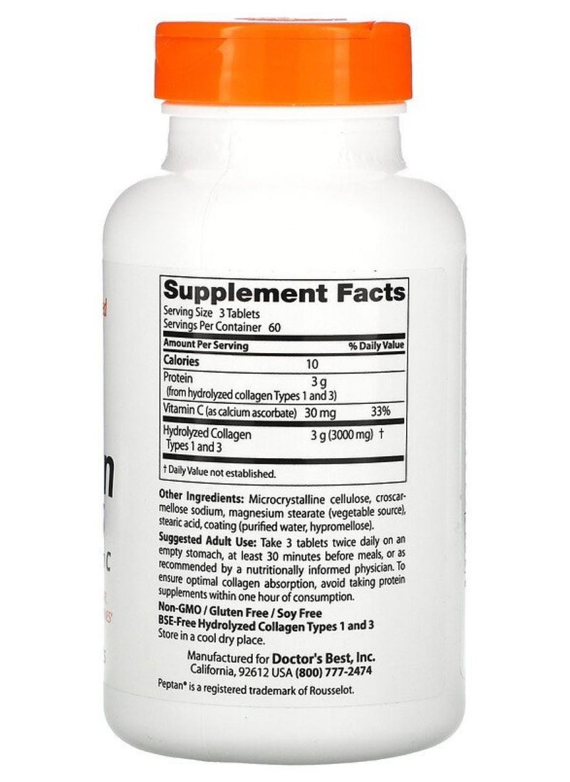 Collagen Types 1 and 3 with Peptan and Vitamin C, 1,000 mg, 180 Tablets