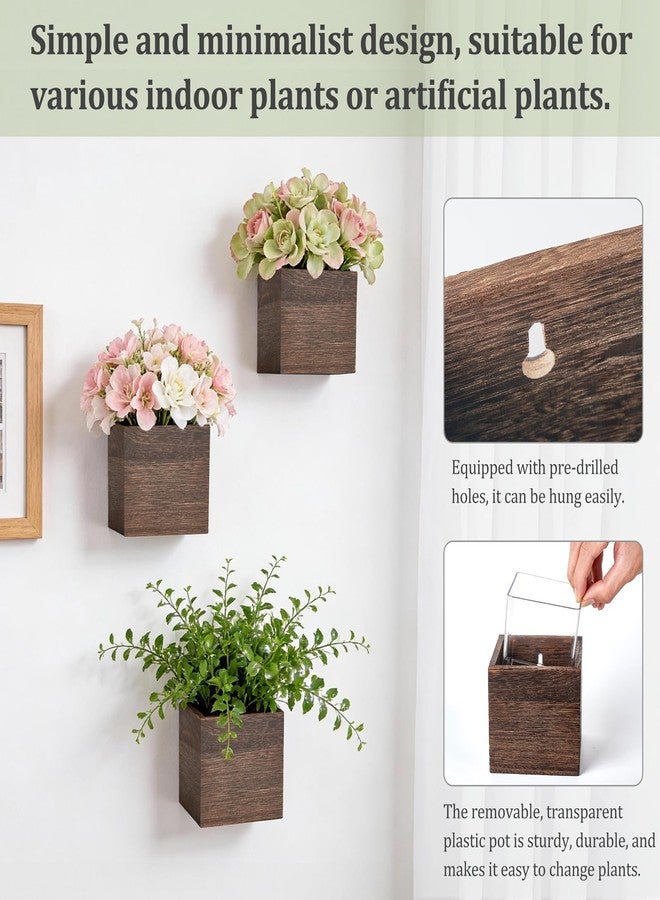 داهي مجموعة داهي من 3 صناديق زراعة خشبية معلقة على الحائط للنباتات الداخلية، مربعة صغيرة 4 بوصة، بتصميم ريفي ريفي، مع بطانة بلاستيكية، مثالية للزهور والنباتات الخضراء، لتزيين الحدائق والمنازل. - Image 4