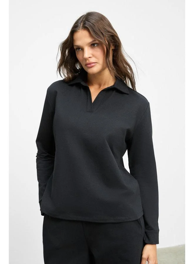 Ethiquet ALODIA Women's Stretch Fabric Shirt with Short Collar, Patlı Sleeve, Cuffed, Side Pocket, Elastic Waist, Black Top and Bottom.