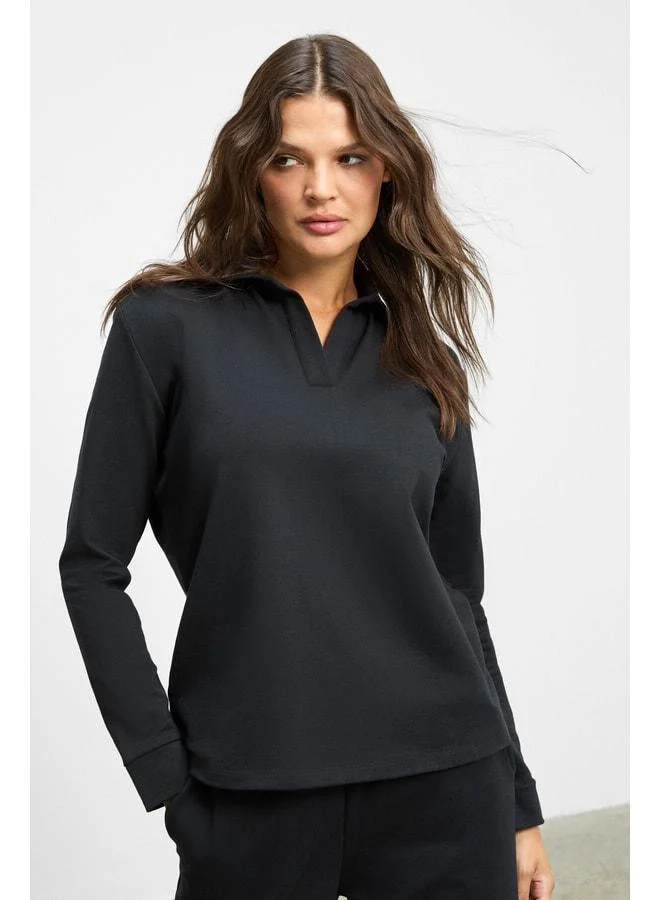 Ethiquet ALODIA Women's Stretch Fabric Shirt with Short Collar, Patlı Sleeve, Cuffed, Side Pocket, Elastic Waist, Black Top and Bottom.