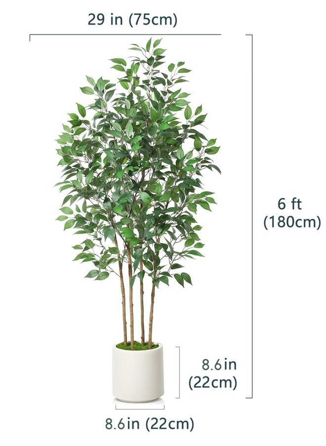 Ficus Artificial Tree 180CM with White Planter, Indoor Faux Silk Plant with Green Moss for Home Office Corner Decor, Set of 1