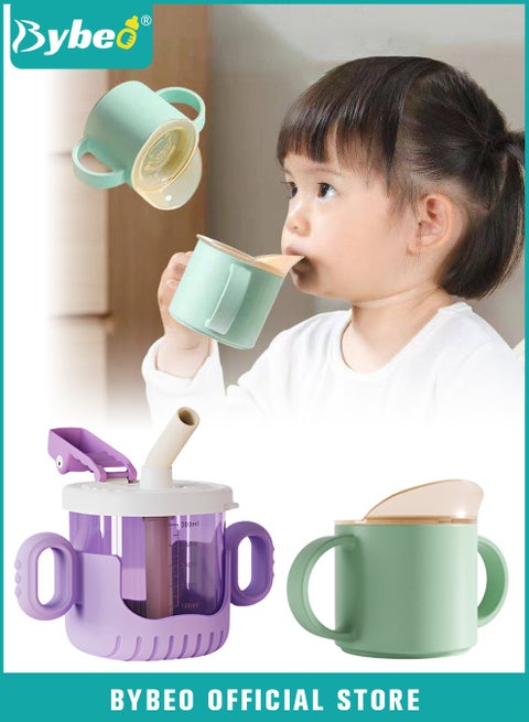 2PCS Baby Sippy Cup with Straw, Silicone Straw Cup + Trainer Cup with Deflector Cap for Boys Girls Child Drinking Water, Spill Proof Sippy Cups with Double Handles for Easy Grip, 150ml+300ml