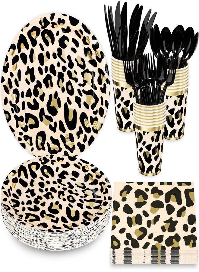 DYLIVeS Animal Leopard Print Party Supplies Pack, Jungle Safari Cheetah Print Birthday Party Decorations Zoo Disposable Tableware, Animal Paper Plates Napkins Cups and Cutlery (Serves 24), 144 PCS - Image 1