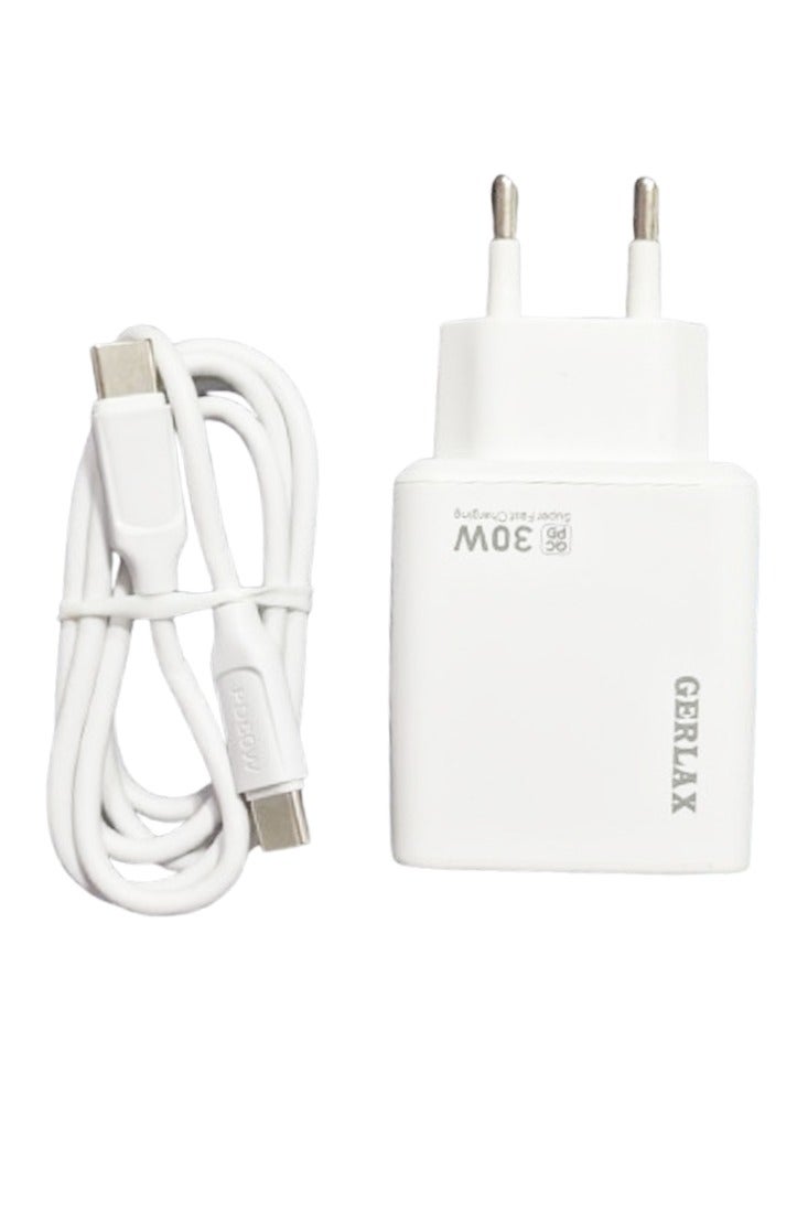 GERLAX Super fast Wall Charger 3A GA-32P , PD 30W Super Fast Charger USB-C Port Turbo Power, Overheat Protection , Compact Design with Type-C to Type-C Cable, Stable Output for Android and USB-C Devices - White - Image 1