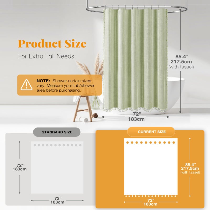 BTTN Boho Farmhouse Shower Curtain - Linen Rustic Heavy Duty Striped Fabric Shower Curtain Set, Bohemian Vintage Country Cloth Shower Curtains for Bathroom, Sage Green, 72" W x 84" L (Pack of 1) - Image 3