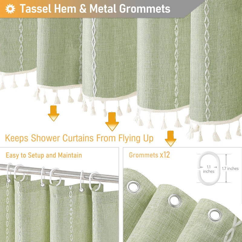 BTTN Boho Farmhouse Shower Curtain - Linen Rustic Heavy Duty Striped Fabric Shower Curtain Set, Bohemian Vintage Country Cloth Shower Curtains for Bathroom, Sage Green, 72" W x 84" L (Pack of 1) - Image 5