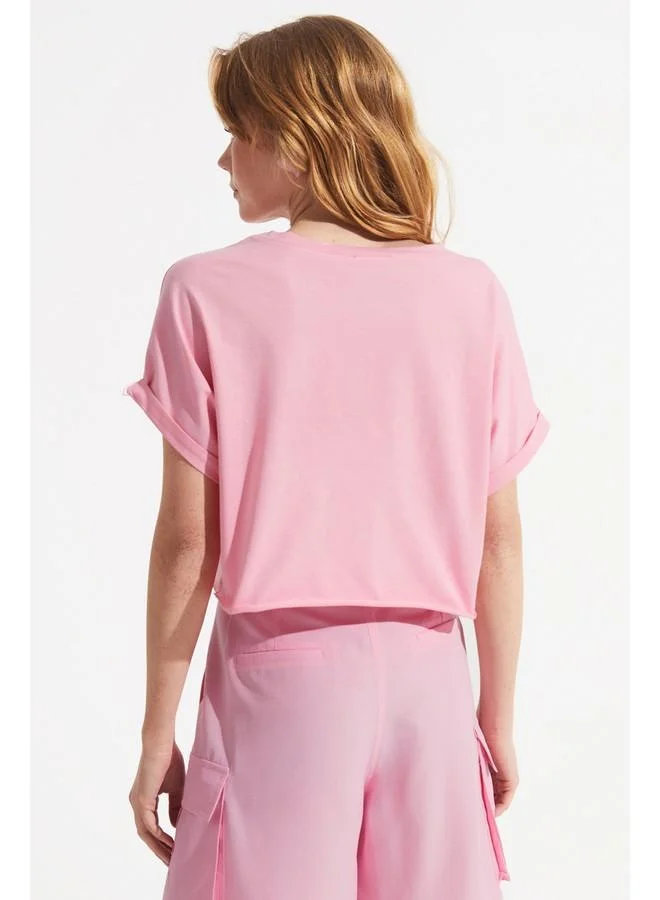 جون June Women Crop Pocket Detailed Knitted Tshirt Pink