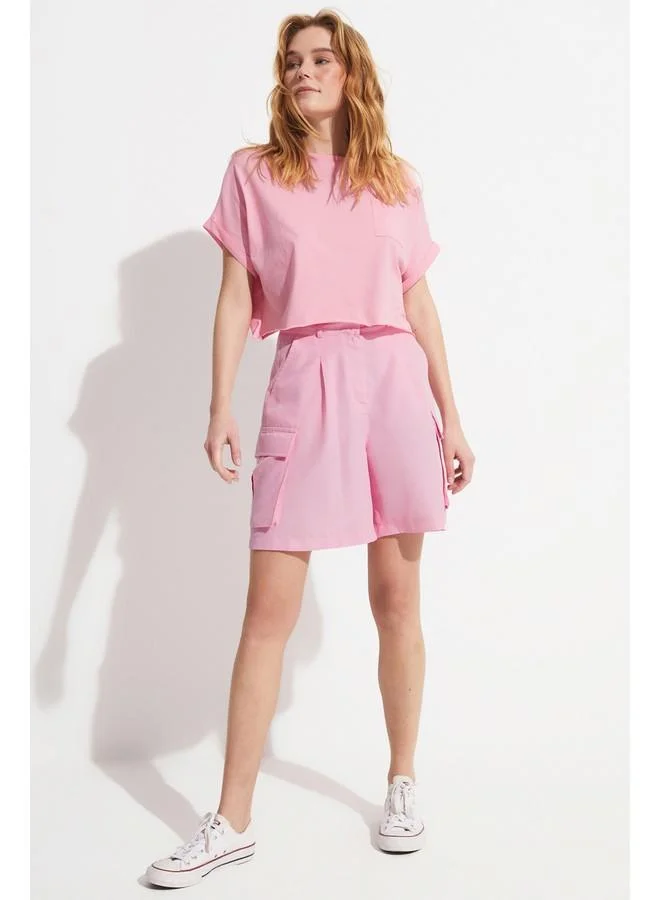 جون June Women Crop Pocket Detailed Knitted Tshirt Pink