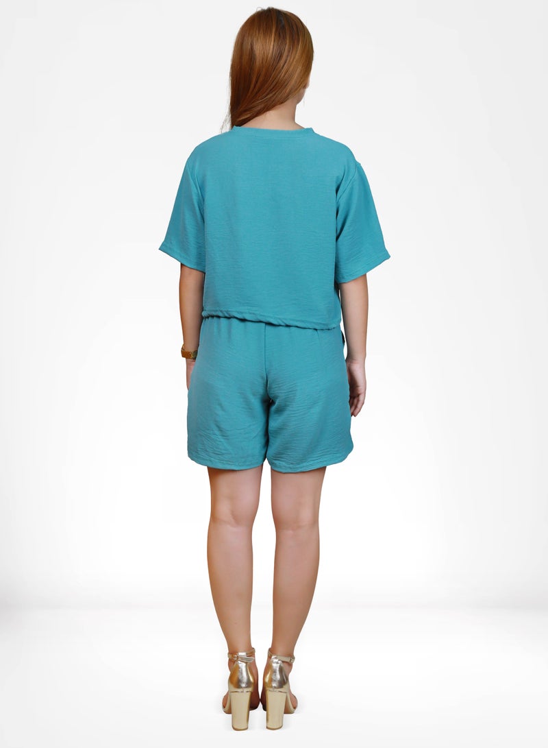 Veronica Women's Crop Top and Shorts Co-ord Set- Turq  - Image 2