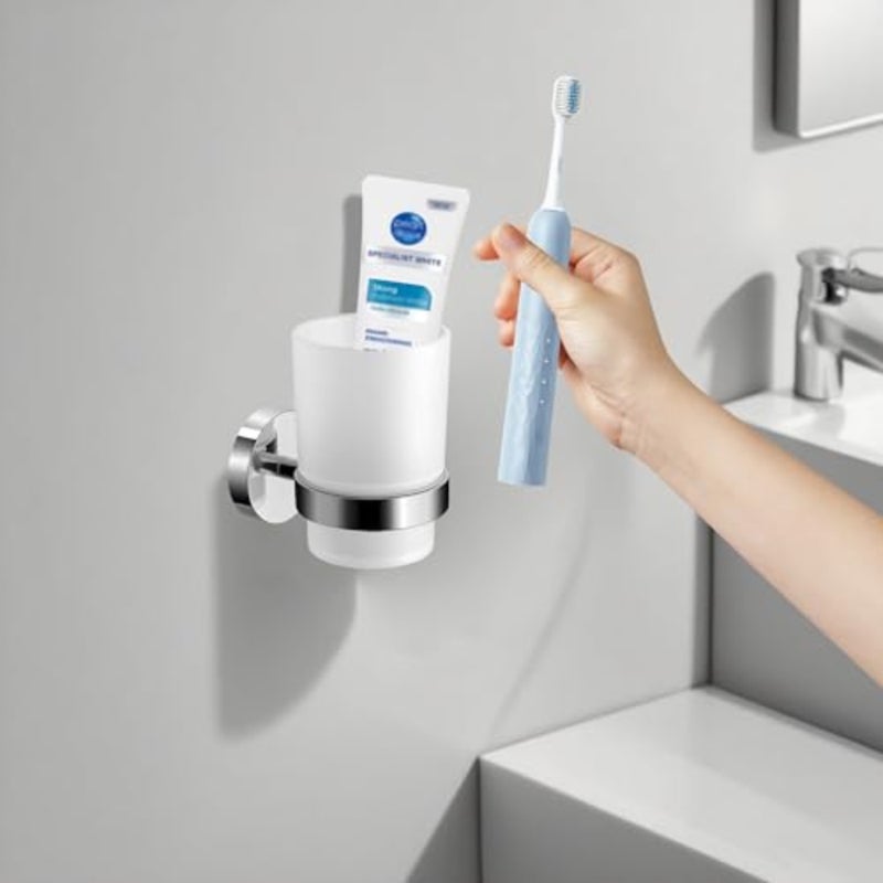Wall Mount Toothbrush Holder with Frosted Glass Cup, Toothbrushes Toothpaste Razor Storage Organizer - Image 2