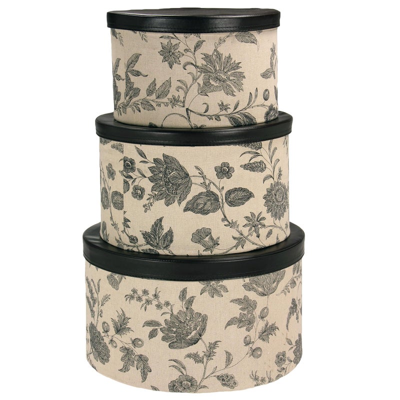 Household Essentials Household Essentials 3Piece Hat Box Set with Faux Leather Lids Floral Pattern 
