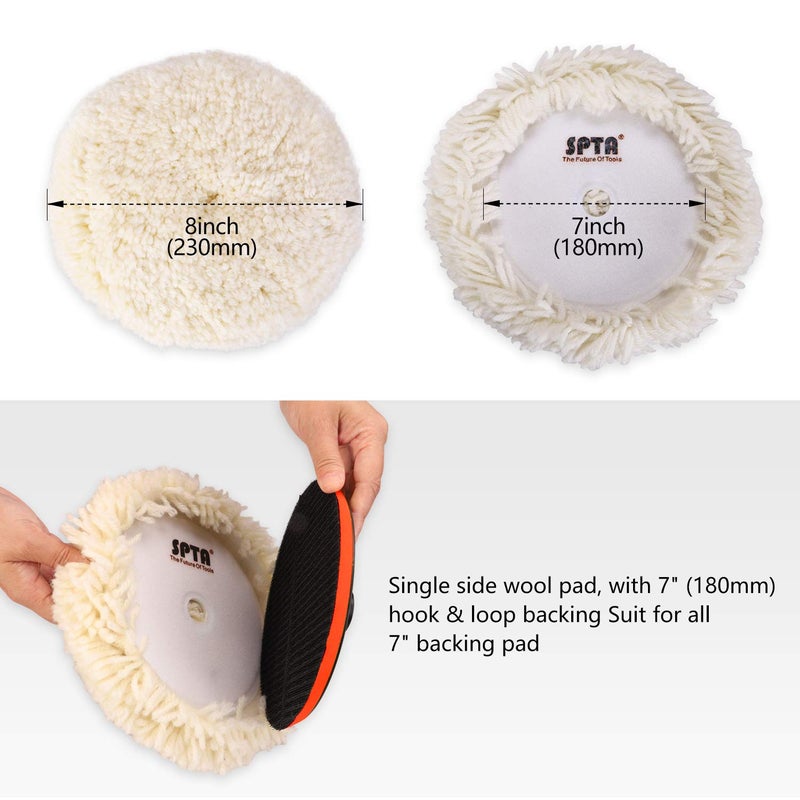 SPTA Wool Polishing Pads, SPTA 8"(200mm) 100% Natural Wool Buffing Pad with Hook & Loop Backing 4pcs Set Come with 5/8-11 Thread Backing Plate for Car Polishing, Buffing and Cutting - Image 2