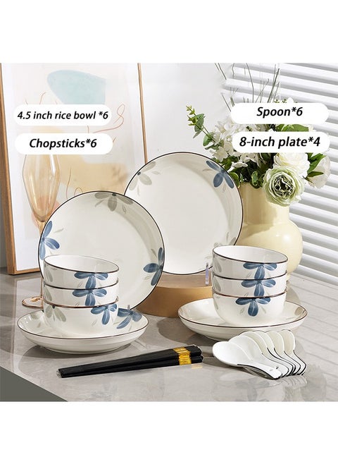 High Quality Porcelain Tableware Set 22 Pieces Tableware Set Ceramic Tableware Set, Microwave and Dishwasher Safe, Includes 4 Plates 6 Bowls 6 Spoons and 6 Pairs of Chopsticks, Suitable for 6 People, Suitable for Holiday Gifts or Parties