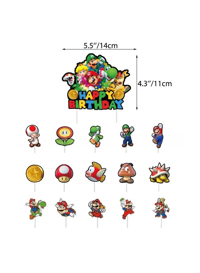 16 Mario Cake Decorations with 15 Cupcake Decorations, 1 Mario Birthday Party Supplies Large Cake Decorations