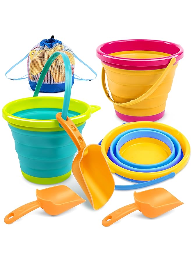 JOYIN 3 Packs Foldable Pail Bucket With Shovels & Mesh Bag Collapsible Buckets Multi Purpose For Beach Camping Gear Beach Party Fishing And Fun Summer Activities (Yellow/Blue/Green) - Image 1