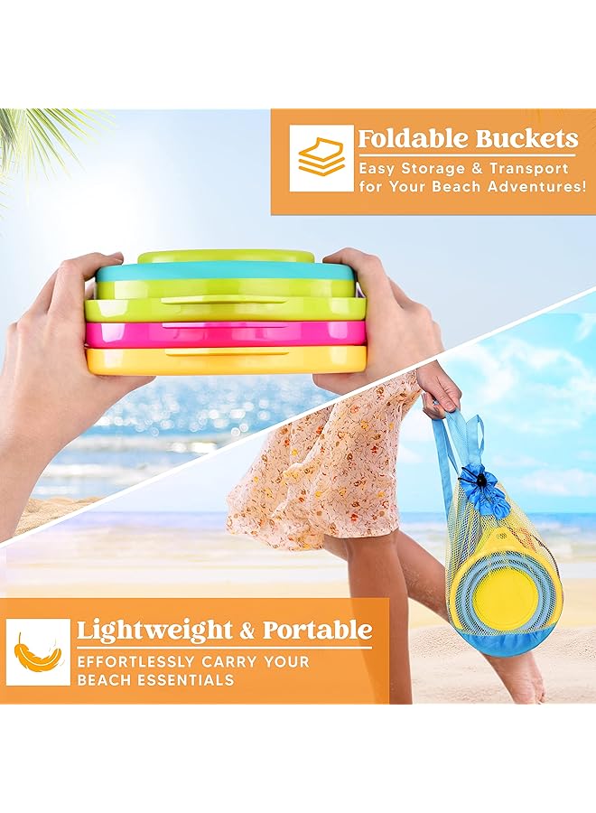 JOYIN 3 Packs Foldable Pail Bucket With Shovels & Mesh Bag Collapsible Buckets Multi Purpose For Beach Camping Gear Beach Party Fishing And Fun Summer Activities (Yellow/Blue/Green) - Image 4