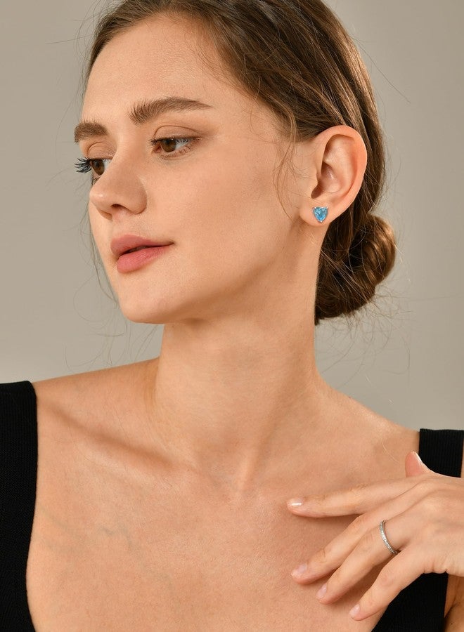 YL Heart Earrings 925 Sterling Silver Love Solitaire Stud Earrings 6x6 MM Created Blue Opal Jewelry for Women - Image 3