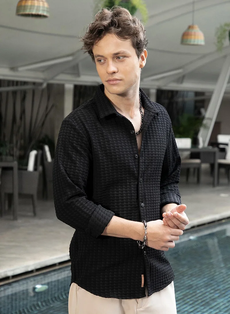Campus Sutra Men's Onyx Black Embossed-Textured Shirt